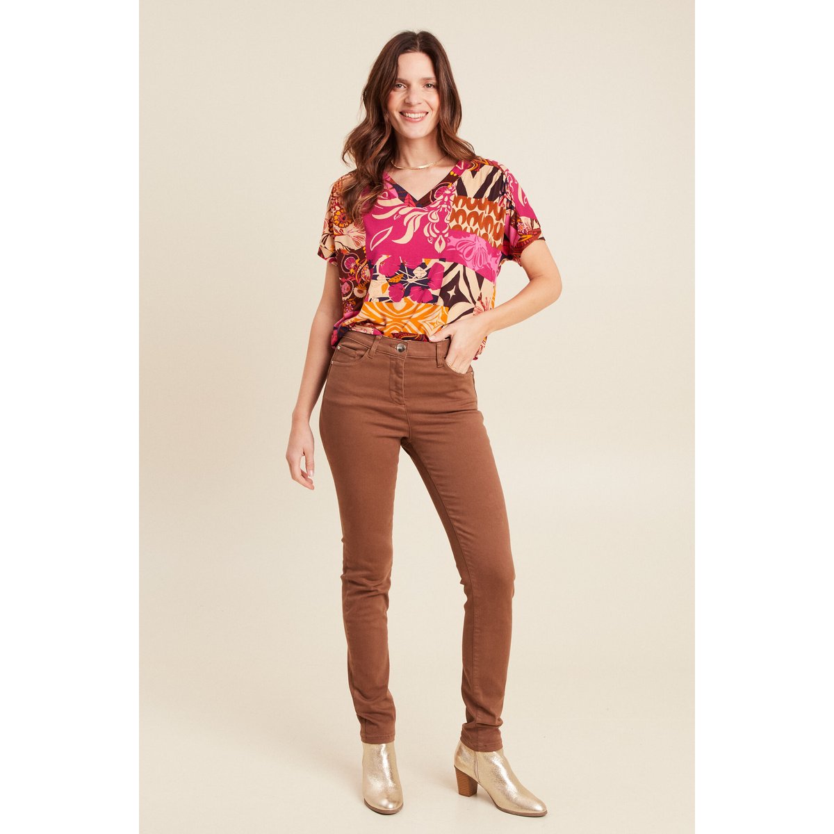 T-shirt col v manches courtes rose, BREAL