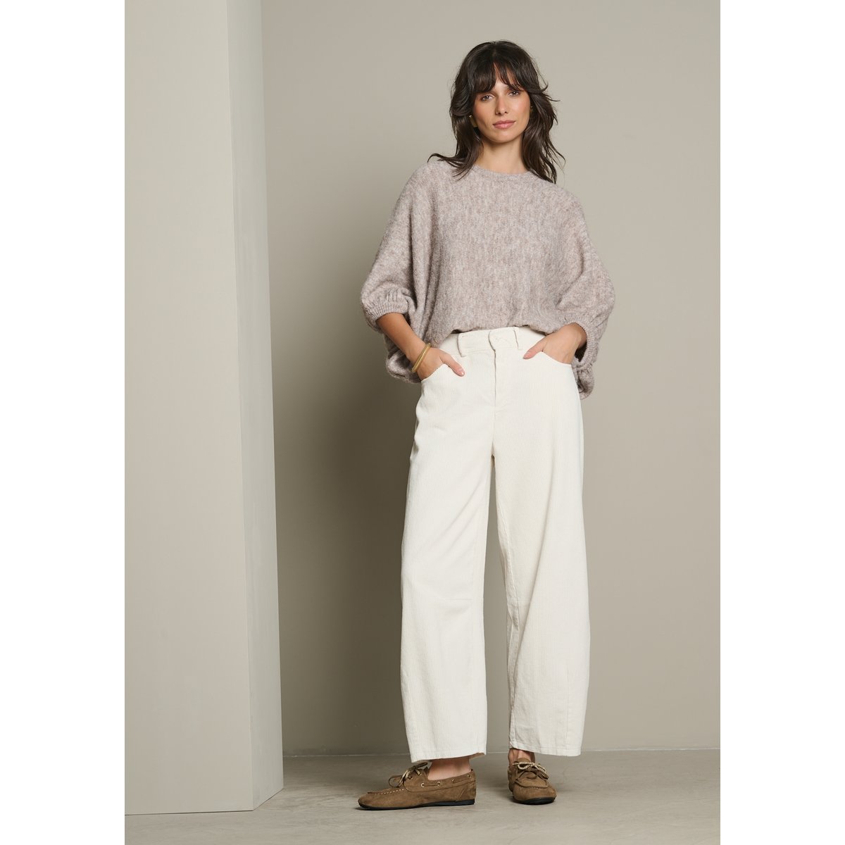 Pantalon barrel en velours côtelé blanc vanille, LOLALIZA