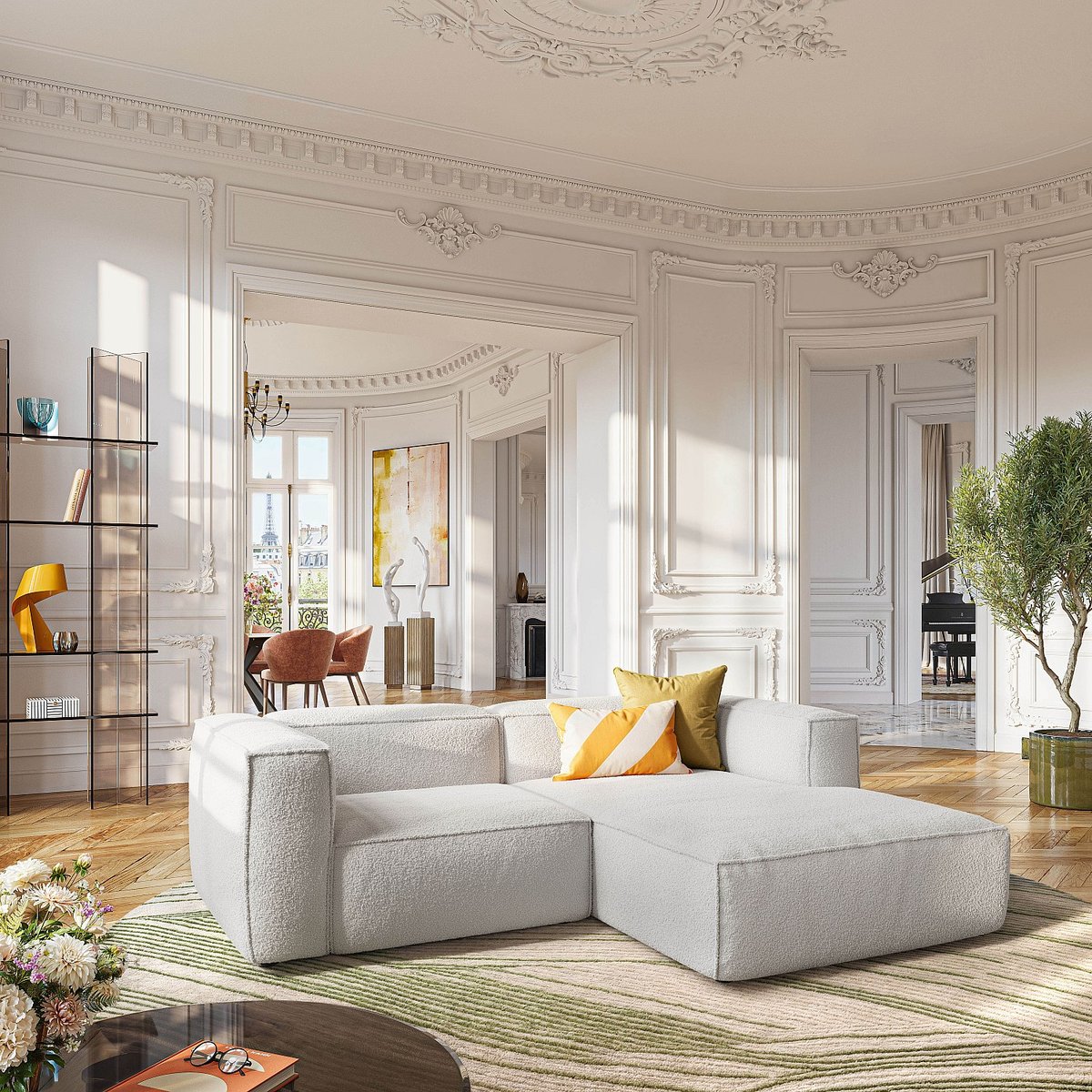 Canapé d'angle droit en tissu bouclette KUTI beige, HABITAT