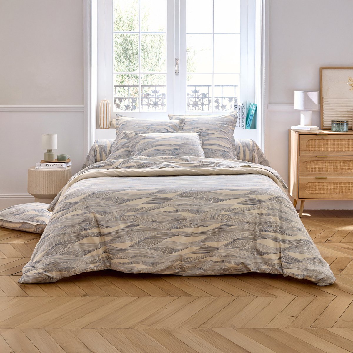 Taie de traversin coton 57 fils motif ondulé bleu, TRADILINGE