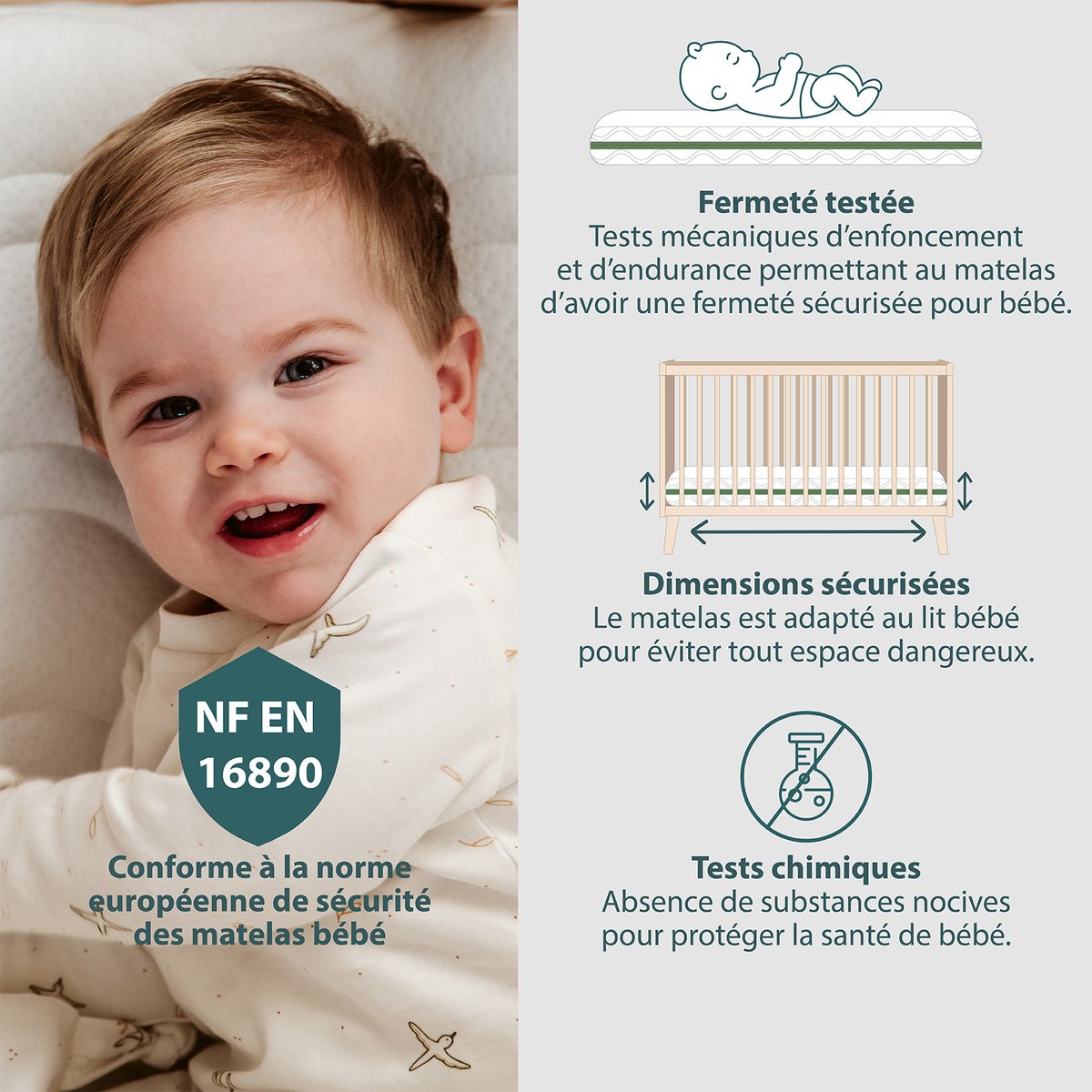 Matelas Bébé avec housse lavable ALOE R blanc, KADOLIS