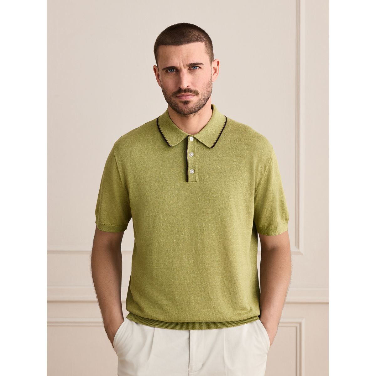 Polo en maille à liserés lin signature vert, NEXT