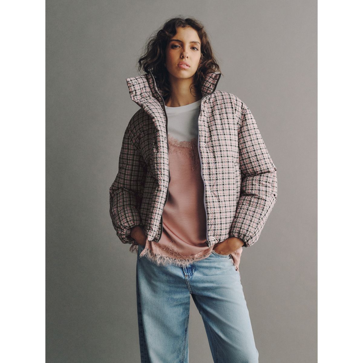 Veste courte rembourrée rose à carreaux, NEXT
