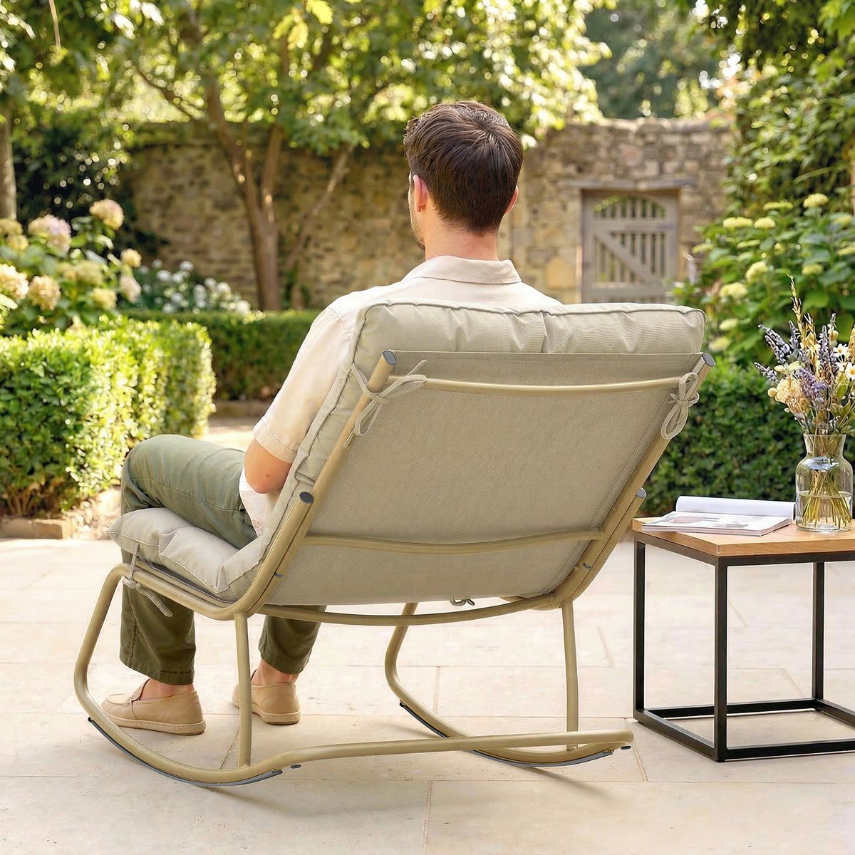 Fauteuil à bascule Acier Beige Kaki beige kaki, jaune, OUTSUNNY