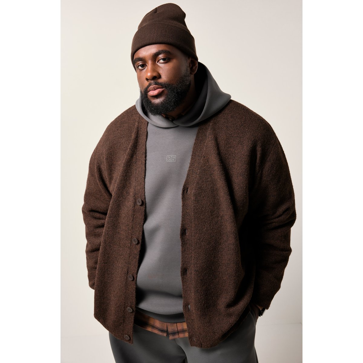 Cardigan encolure en V marron terre, STHUGE
