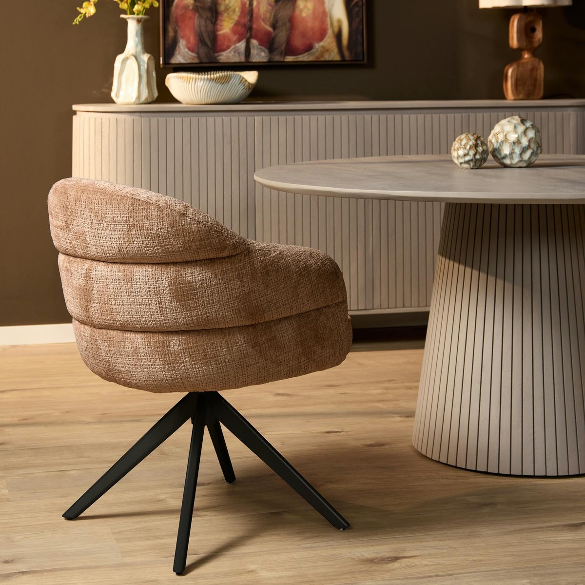 Chaise arrondie pivotante en tissu chenille (lot de 2) CORTINA marron, PIER IMPORT