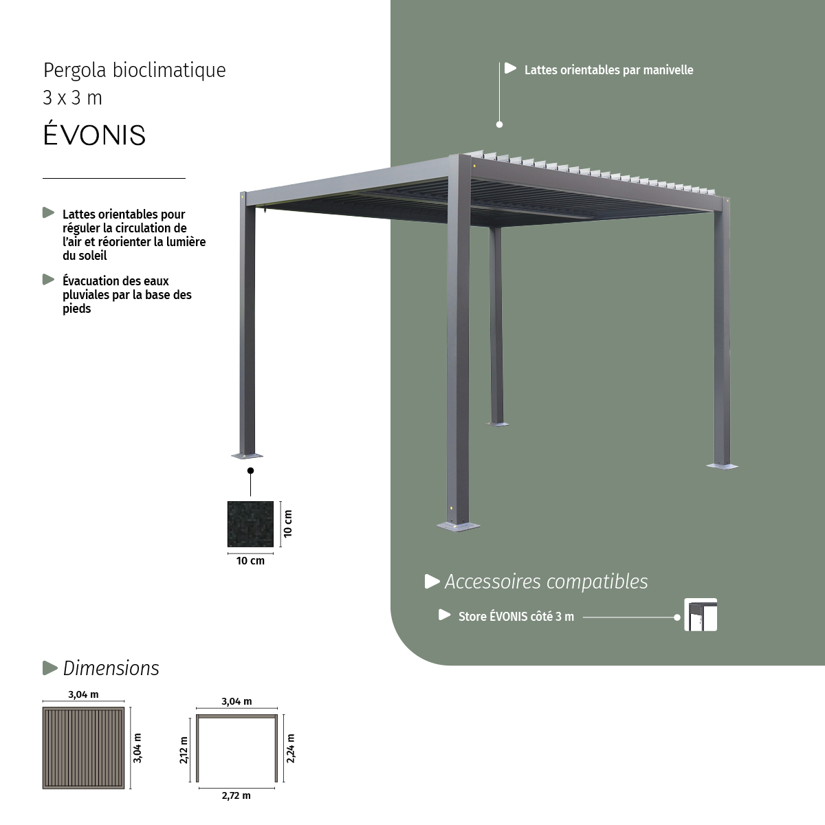 Pergola autoportante 3x3m EVONIS gris graphite, HESPERIDE