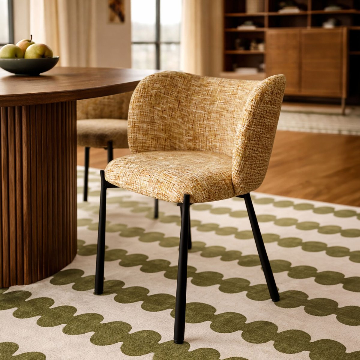 Table ovale 230cm effet noyer et 6 fauteuils en tissu ocre, NOW'S HOME
