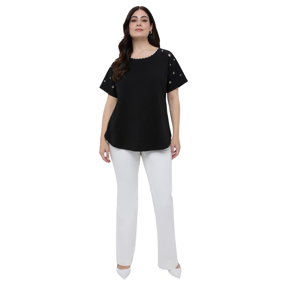 T-shirt avec encolure festonnée et œillets noir, FIORELLA RUBINO