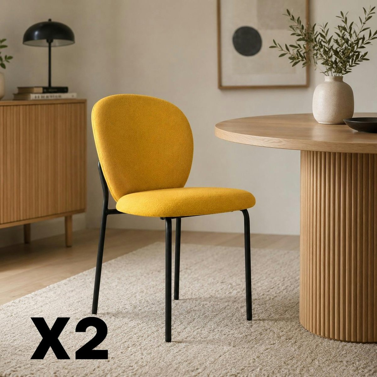 Chaise en tissu, design arrondi LORA (lot de 2) moutarde, PIER IMPORT