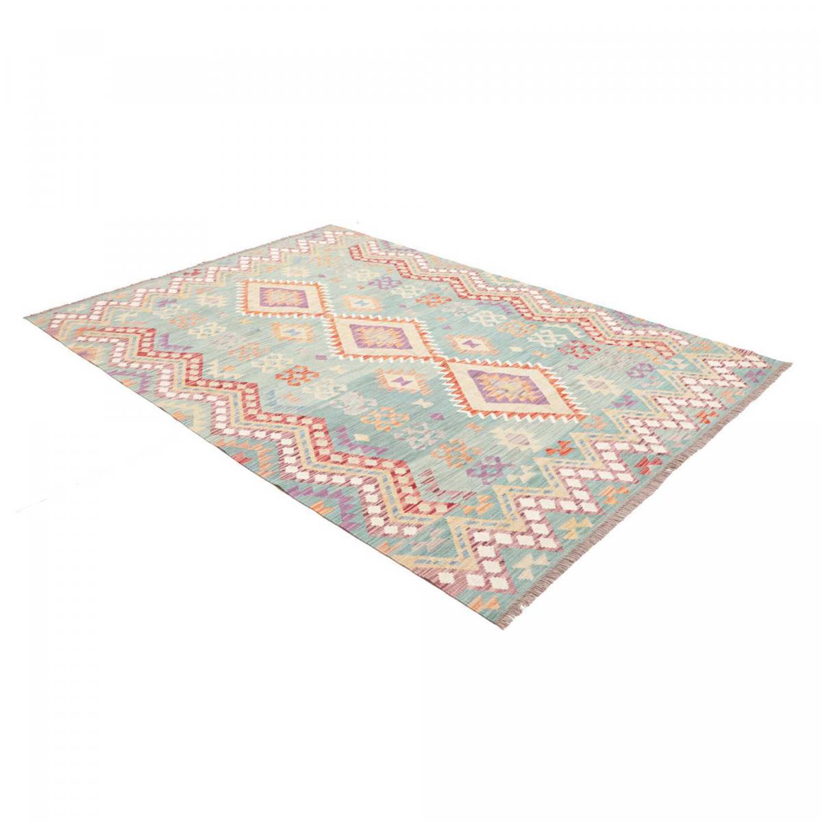 Tapis d'orient géométrique, tissé plat authentique, KILIM 21 bleu, multicolore, orange, UN AMOUR DE TAPIS