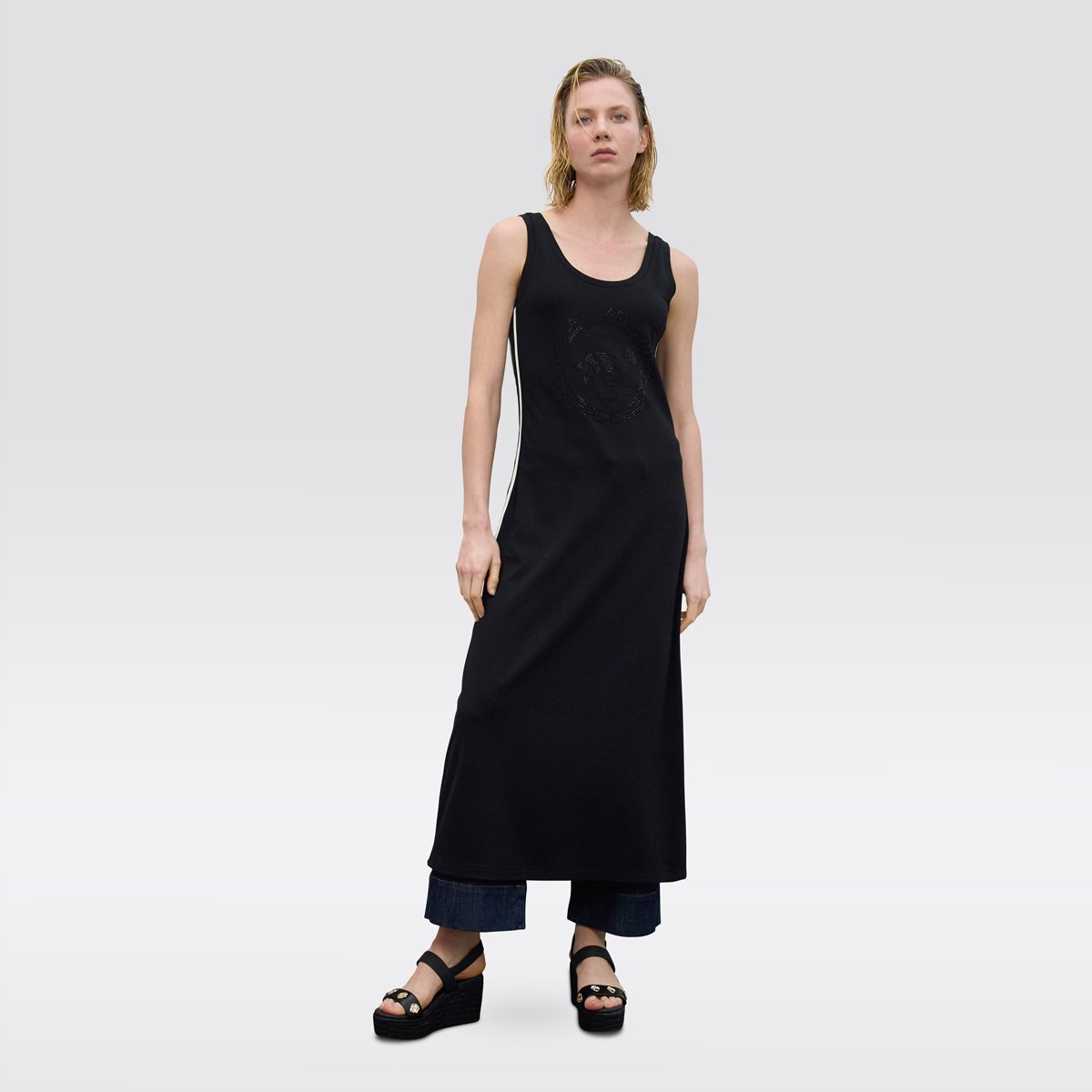 Robe longue sans manches avec motif en strass noir, LOLA CASADEMUNT