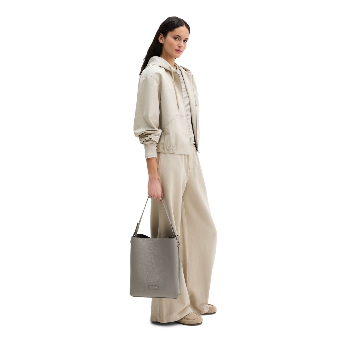 Hobo Bag moyen en cuir de vache grainé grau, MARC O'POLO