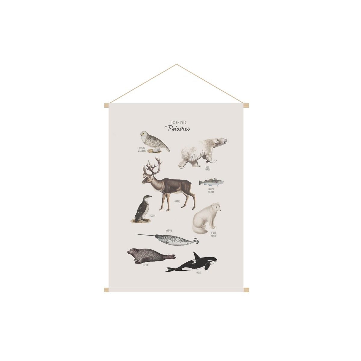 Kakemono enfant tableau en toile suspendue illustration animaux polaires L40 x H60 cm POLAR beige naturel, MILIBOO