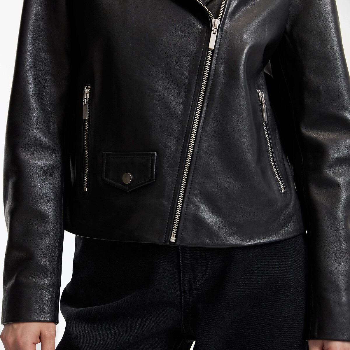Blouson zippé style motard en cuir noir, LA REDOUTE COLLECTIONS