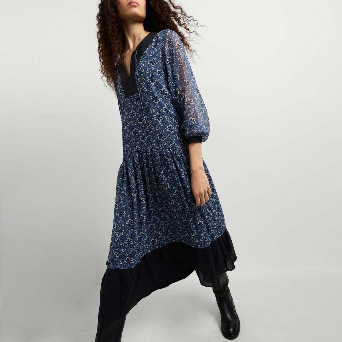 Robe Longue En Chiffon À Imprimé Floral bleu acier, PEPE JEANS