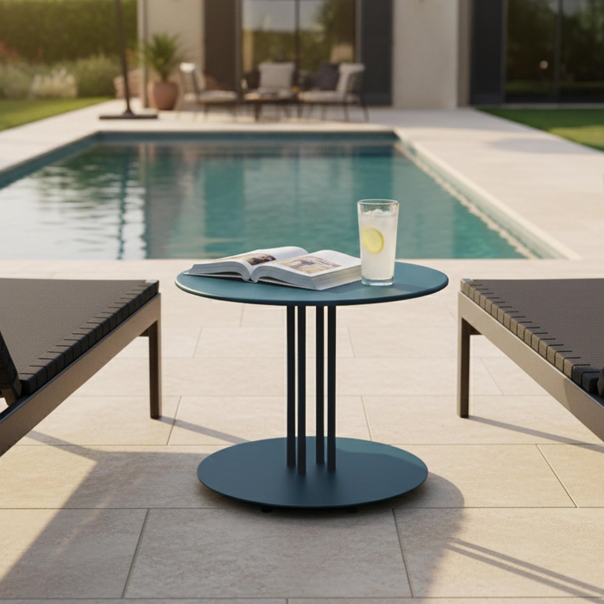 Table basse de jardin ronde en métal 50x38 cm, SKIRO bleu pacific, OVIALA