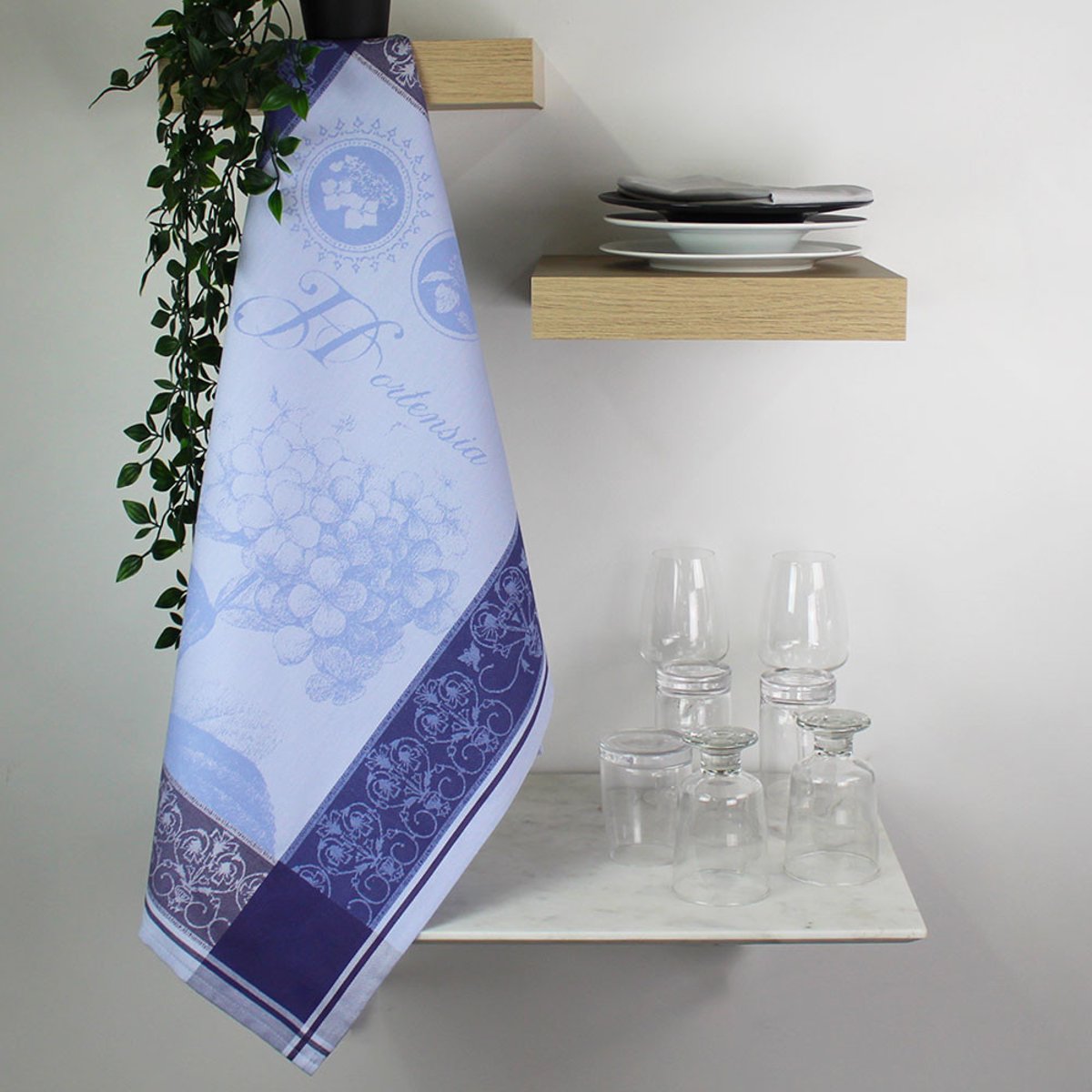 Torchon pur coton HORTENSIA bleu, GARNIER THIEBAUT