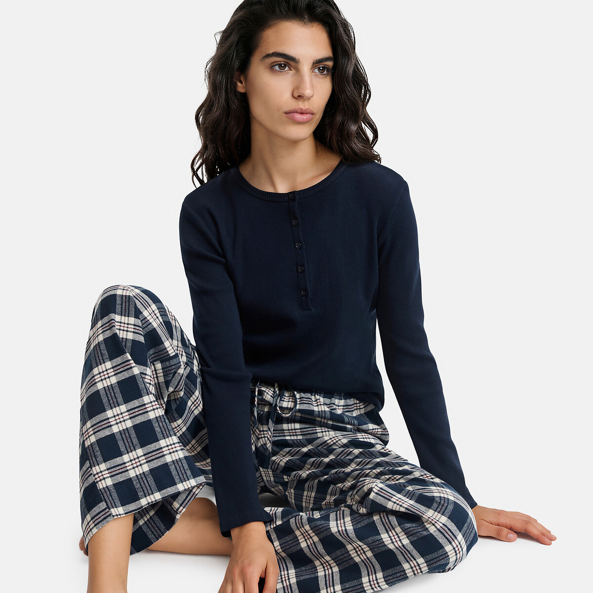 Pyjama 2 pièces, t-shirt en côte et pantalon en flanelle carreaux bleu, LA REDOUTE COLLECTIONS