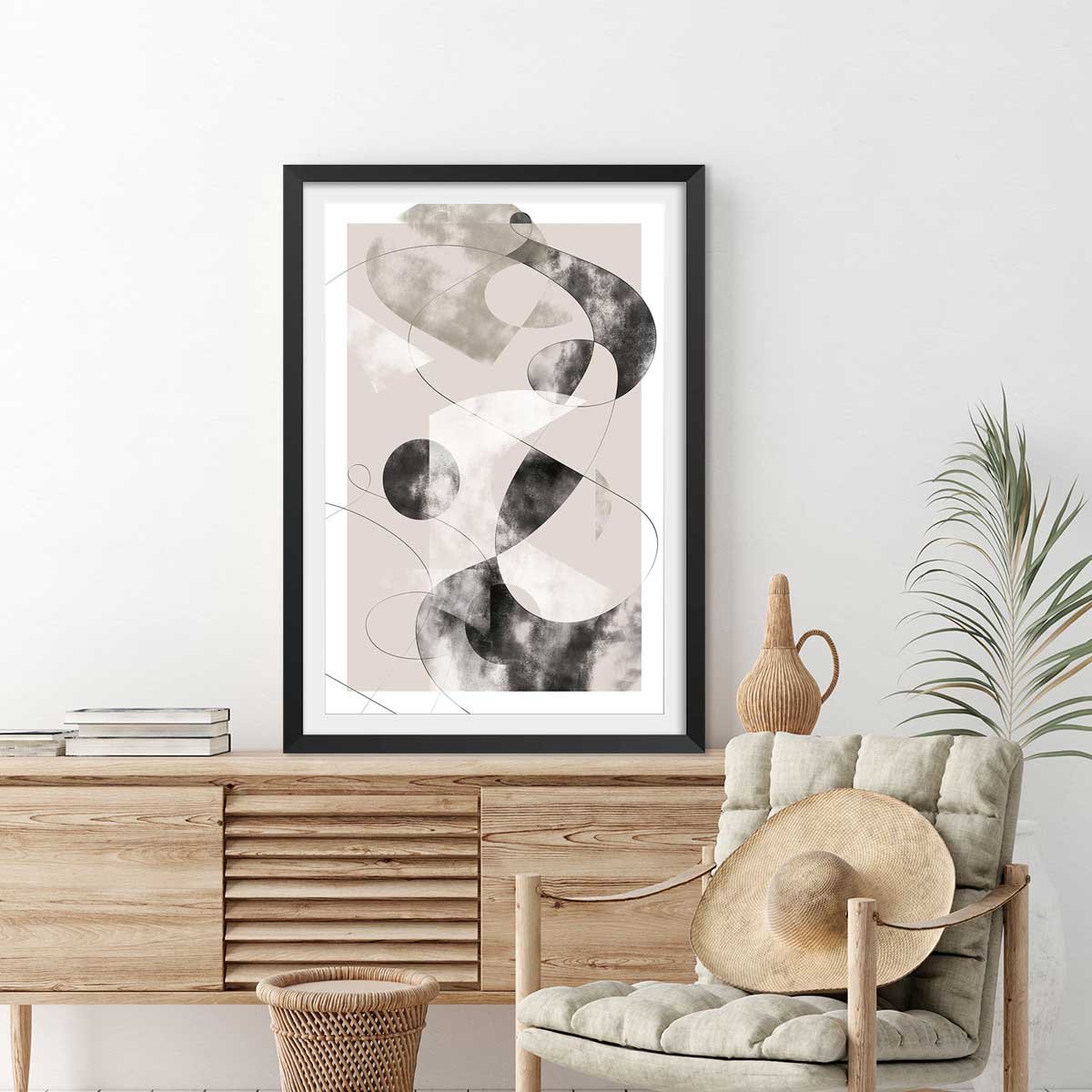 Affiche Eclats beige rosé affiche + cadre en bois - noir, HEXOA