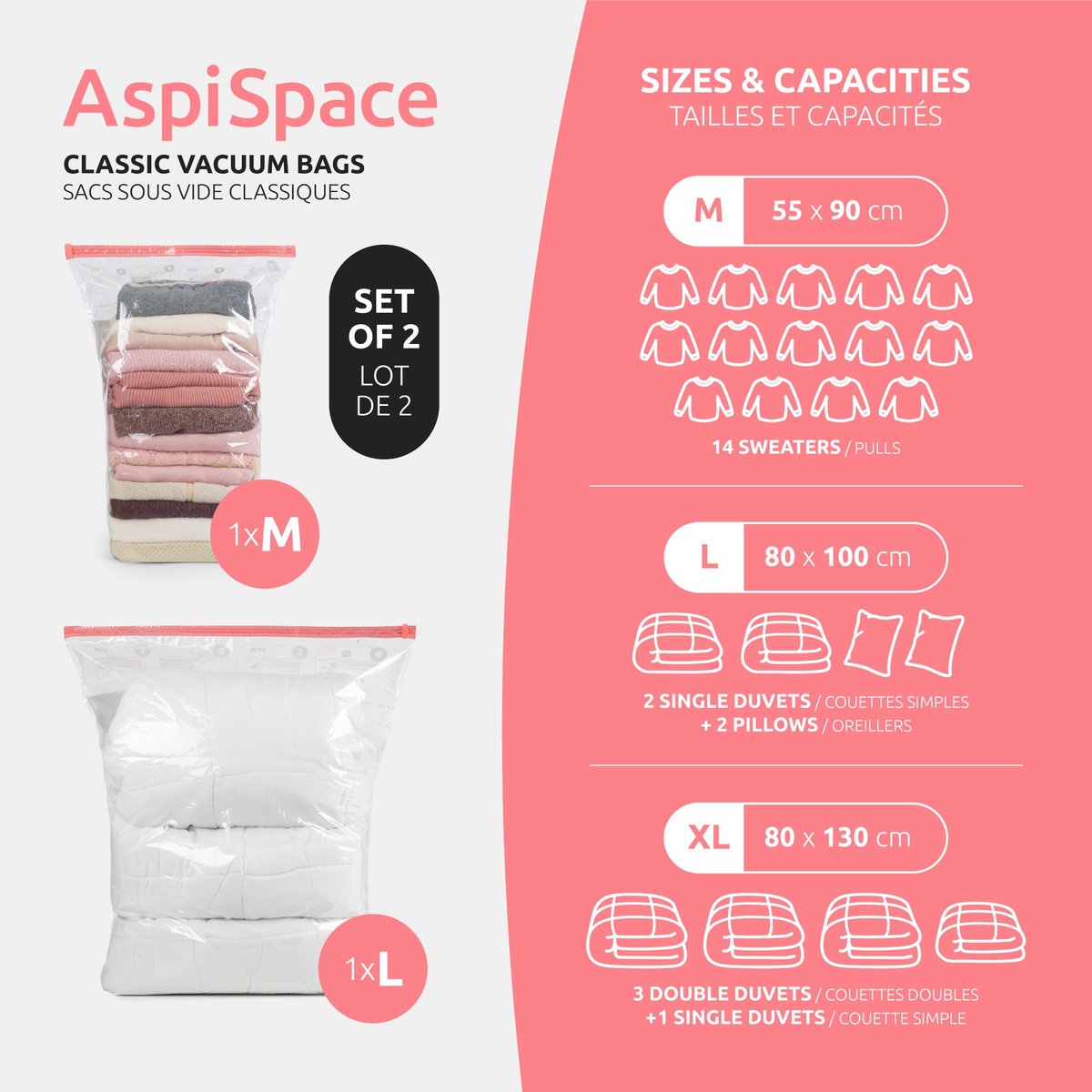 Lot de 2 sacs de rangement sous vide Aspispace Tailles+ L transparent, COMPACTOR