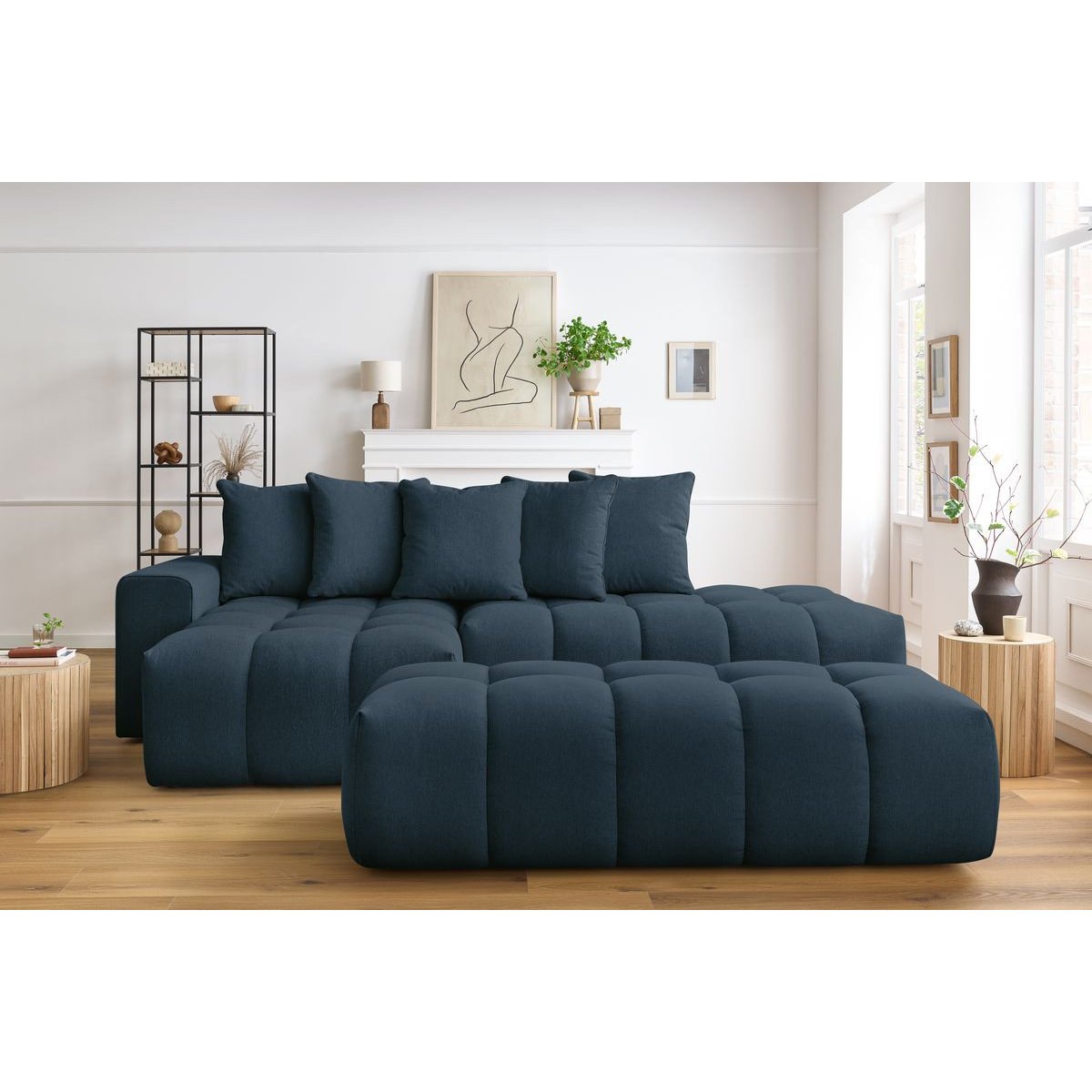 Canapé d'angle fixe 4 places en tissu chiné avec pouf, MONT-BLANC bleu foncé, BOBOCHIC