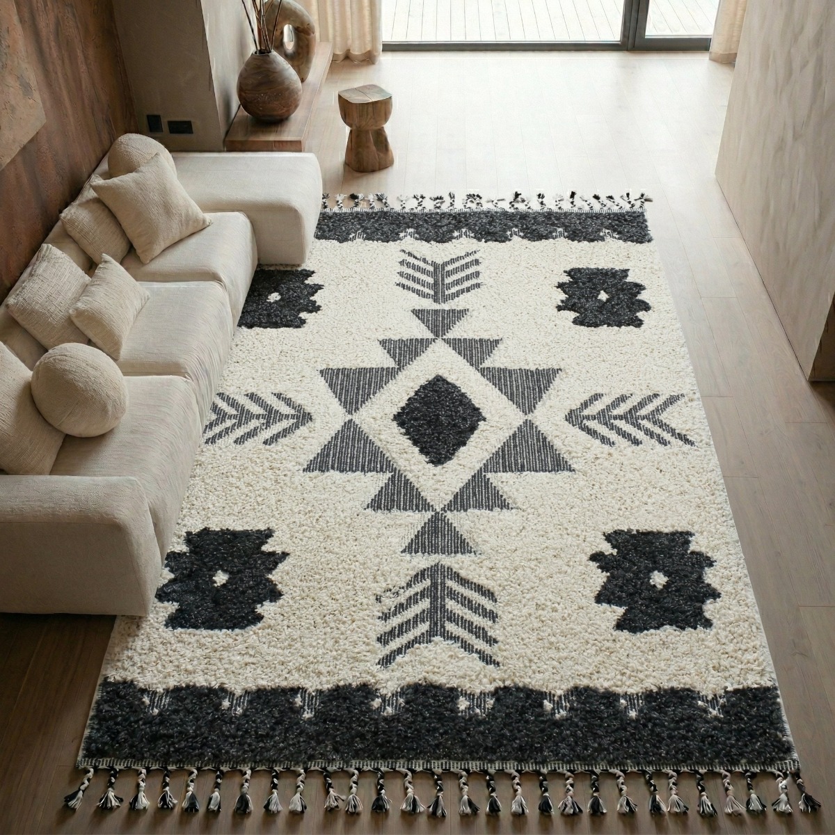 Tapis style berbère à reliefs lignes BERBÈRE TRIBAL LIGNES crème et gris foncé, THE DECO FACTORY
