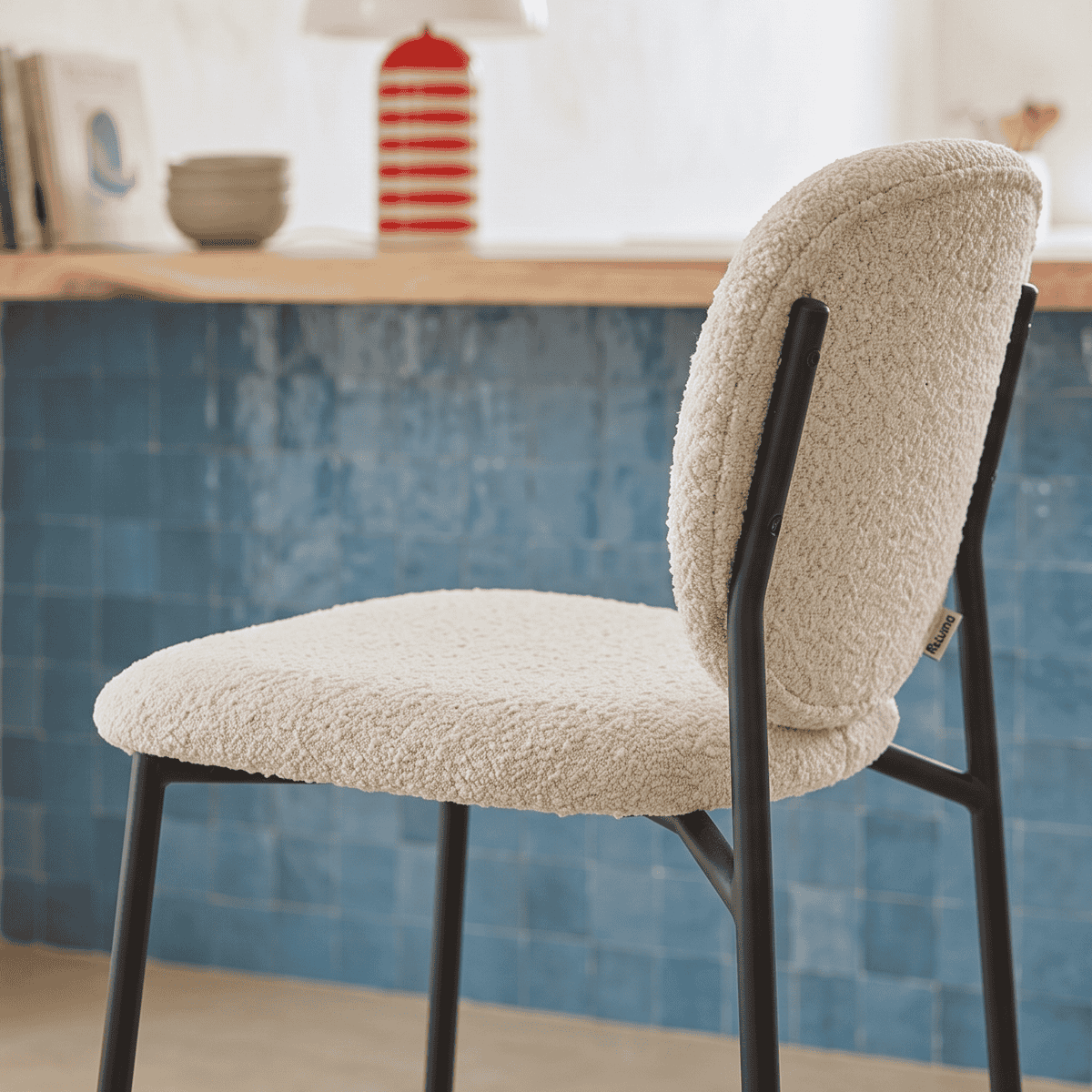 Lot de 2 tabourets de bar en tissu bouclette - BETTY ecru, HOMIFAB