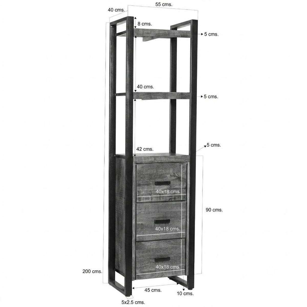 Colonne rangement bois métal 3 tiroirs 2 plateaux KARGO bois naturel, PIER IMPORT