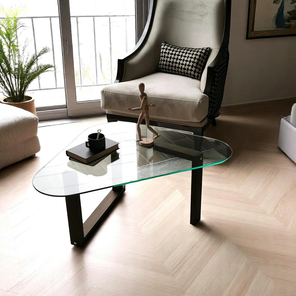 Table basse en verre forme triangulaire - pied labyrinthe ANZIO bois naturel, PIER IMPORT