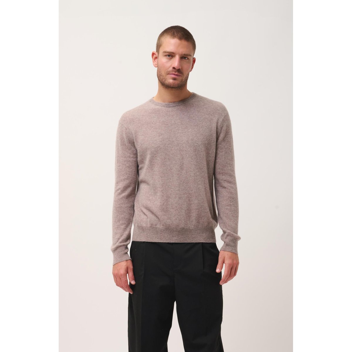 Pull Col Rond Caribou Chiné Howard marron clair, JUST CASHMERE