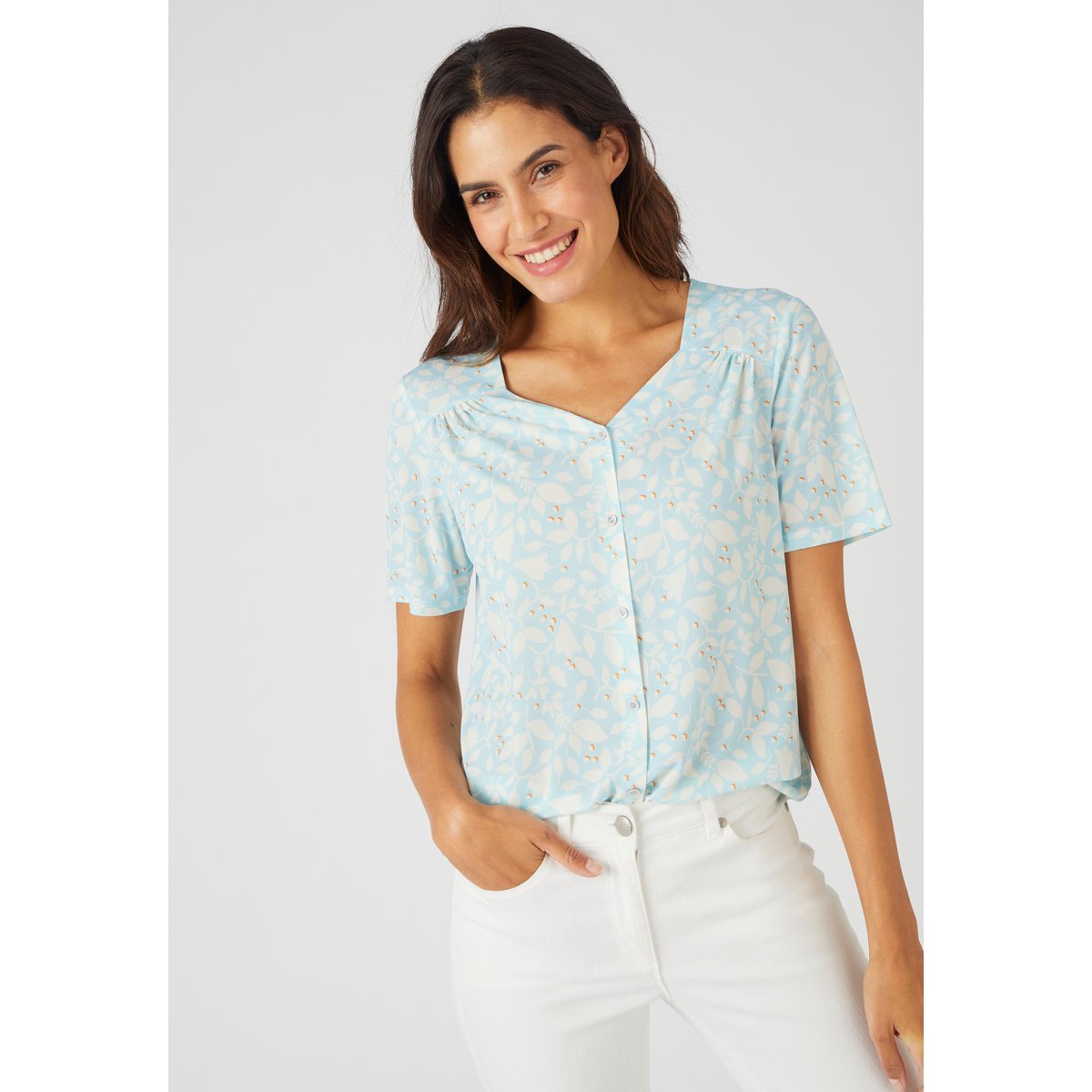 Tee-shirt manches courtes imprimé bleu feuillage, DAMART