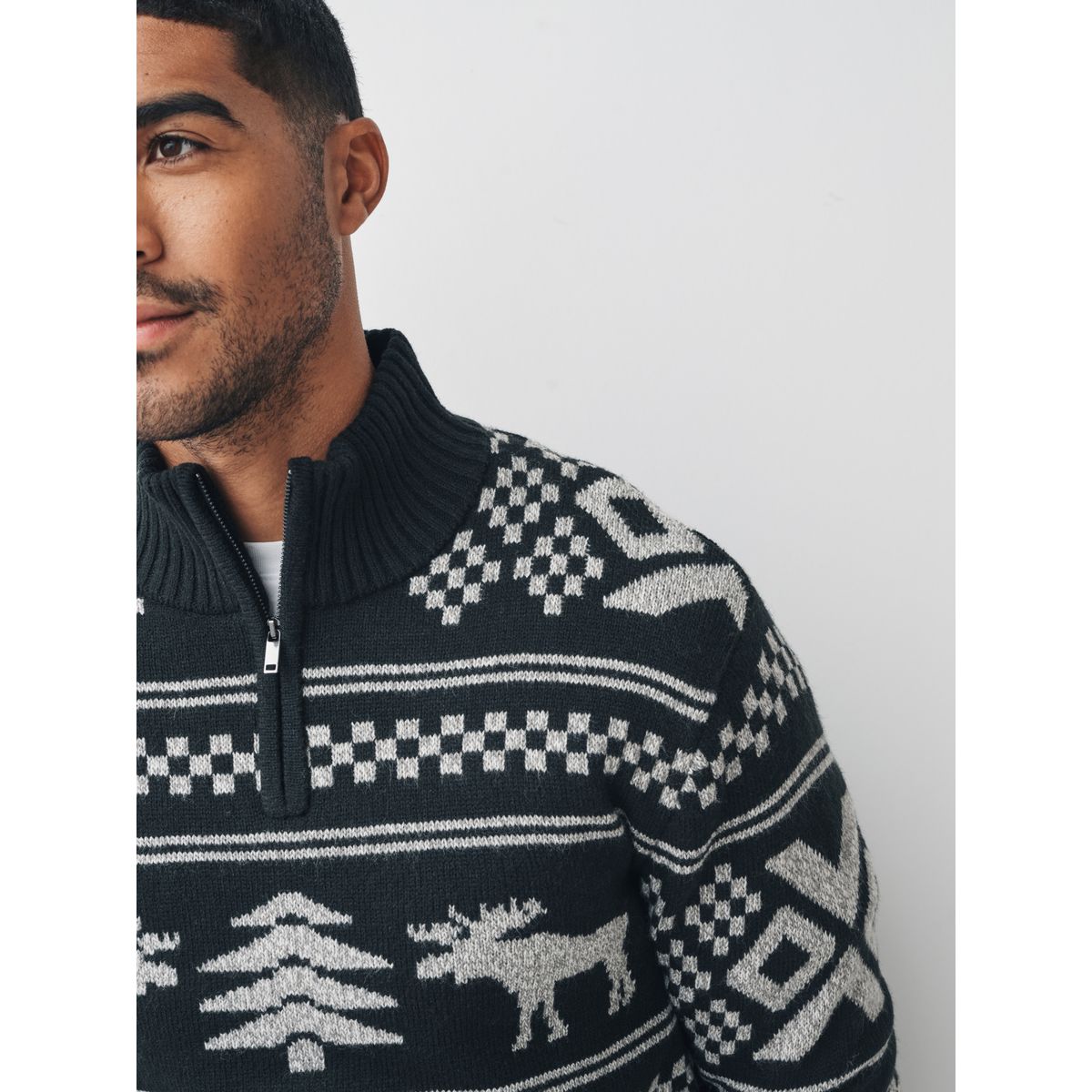 Pull de noël à col zippé, motif cerf et laine noir/blanc, NEXT