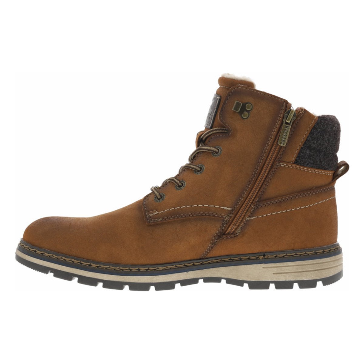 Bottines cognac à talon plat pourvues d'une fermeture zippée et de lacets cognac, MUSTANG