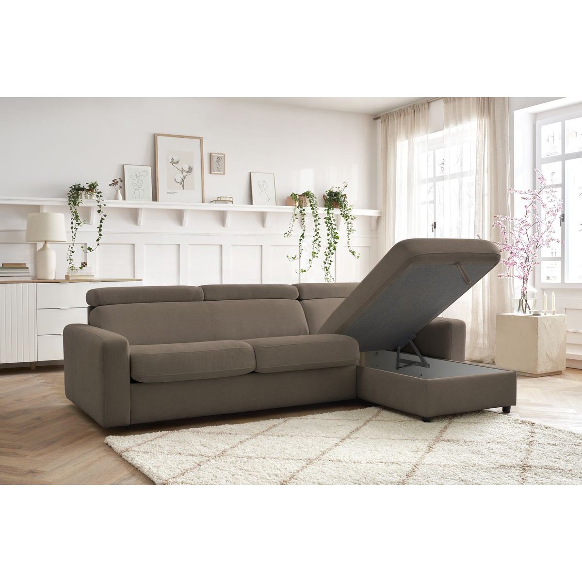 Canapé d'angle convertible 3 places en tissu couchage 140x190 cm, MONACO marron, BOBOCHIC