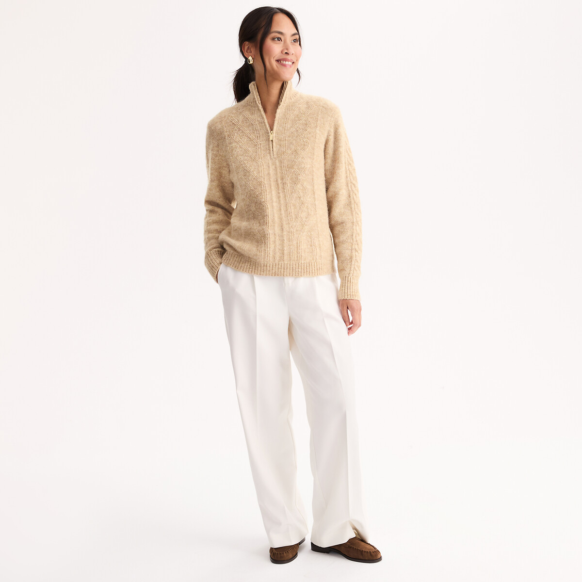 Pull col camionneur torsadé beige chiné, ANNE WEYBURN
