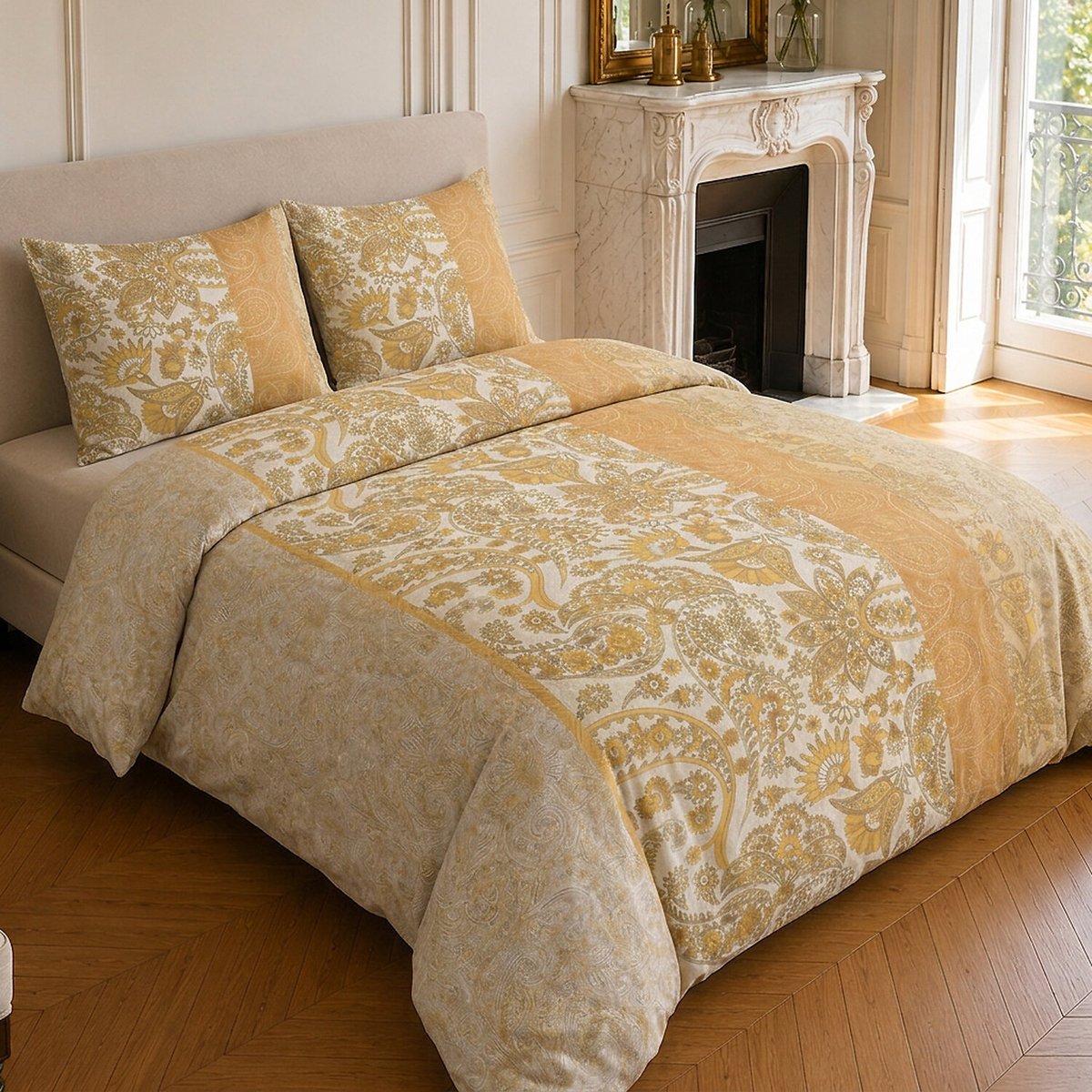Parure de lit en coton motif floral, BOMBAY jaune, C DESIGN HOME TEXTILE