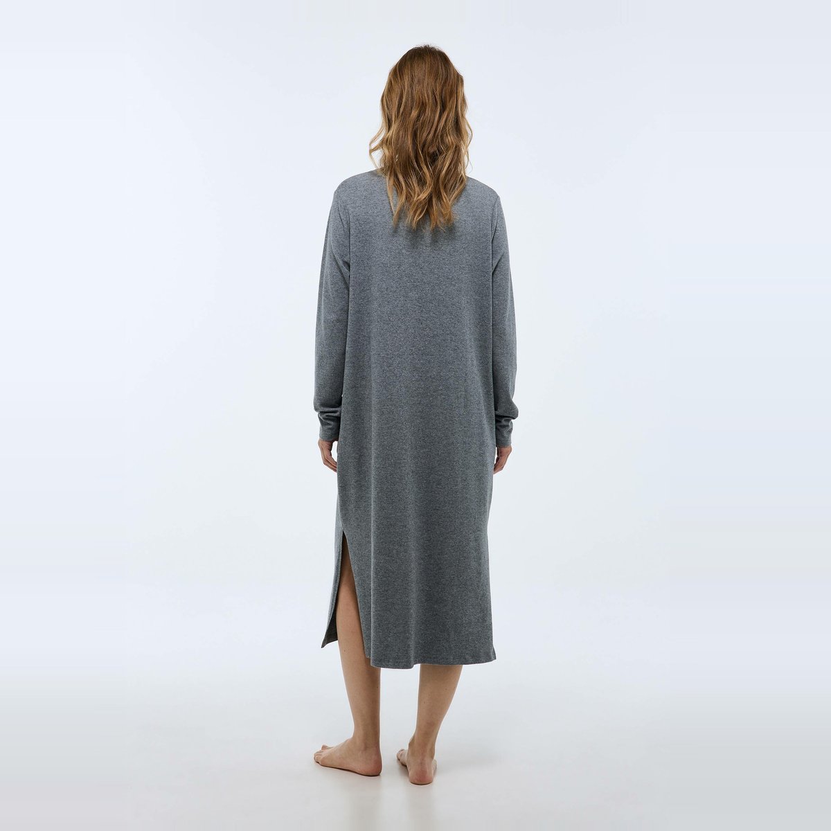 Chemise de nuit unie en coton et modal anthracite, MONOPRIX