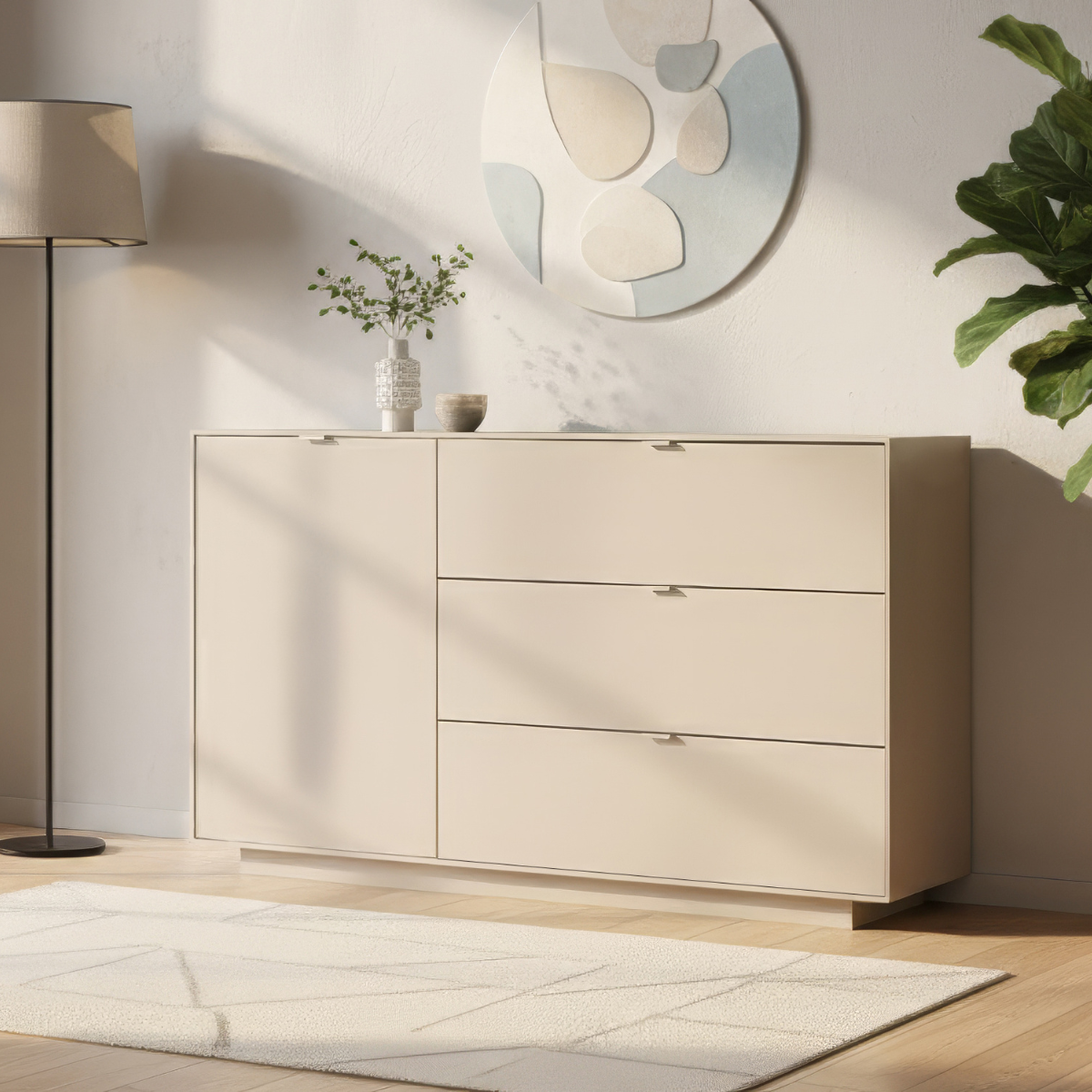 Buffet 1 porte, 3 grands tiroirs VIKA beige, CALICOSY