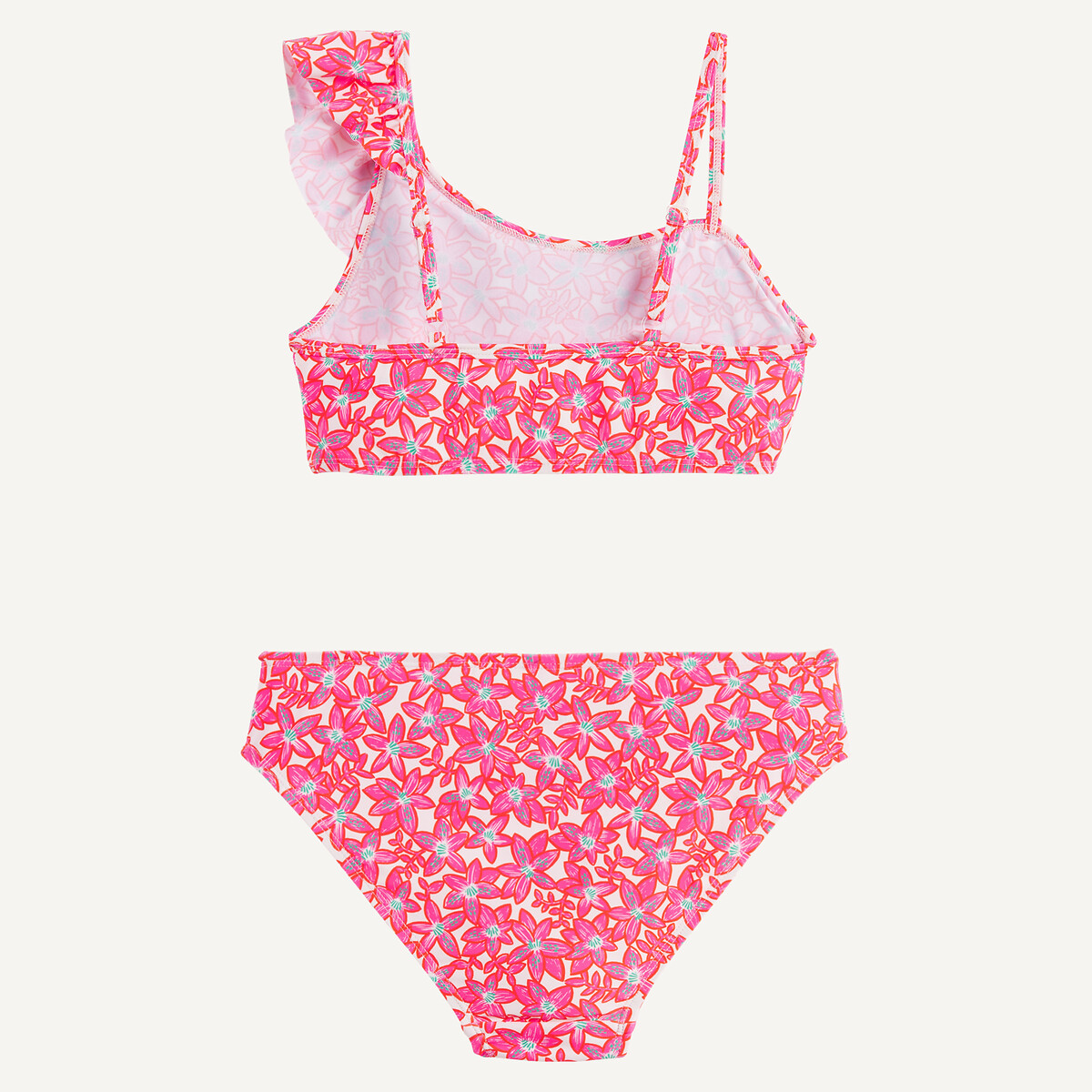 Maillot de bain 2 pièces, avec haut asymétrique volanté, imprimé floral imprimé rose, LA REDOUTE COLLECTIONS