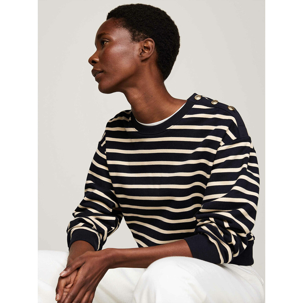 Sweat rayé manches longues col rond rayé bleu blanc, TOMMY HILFIGER