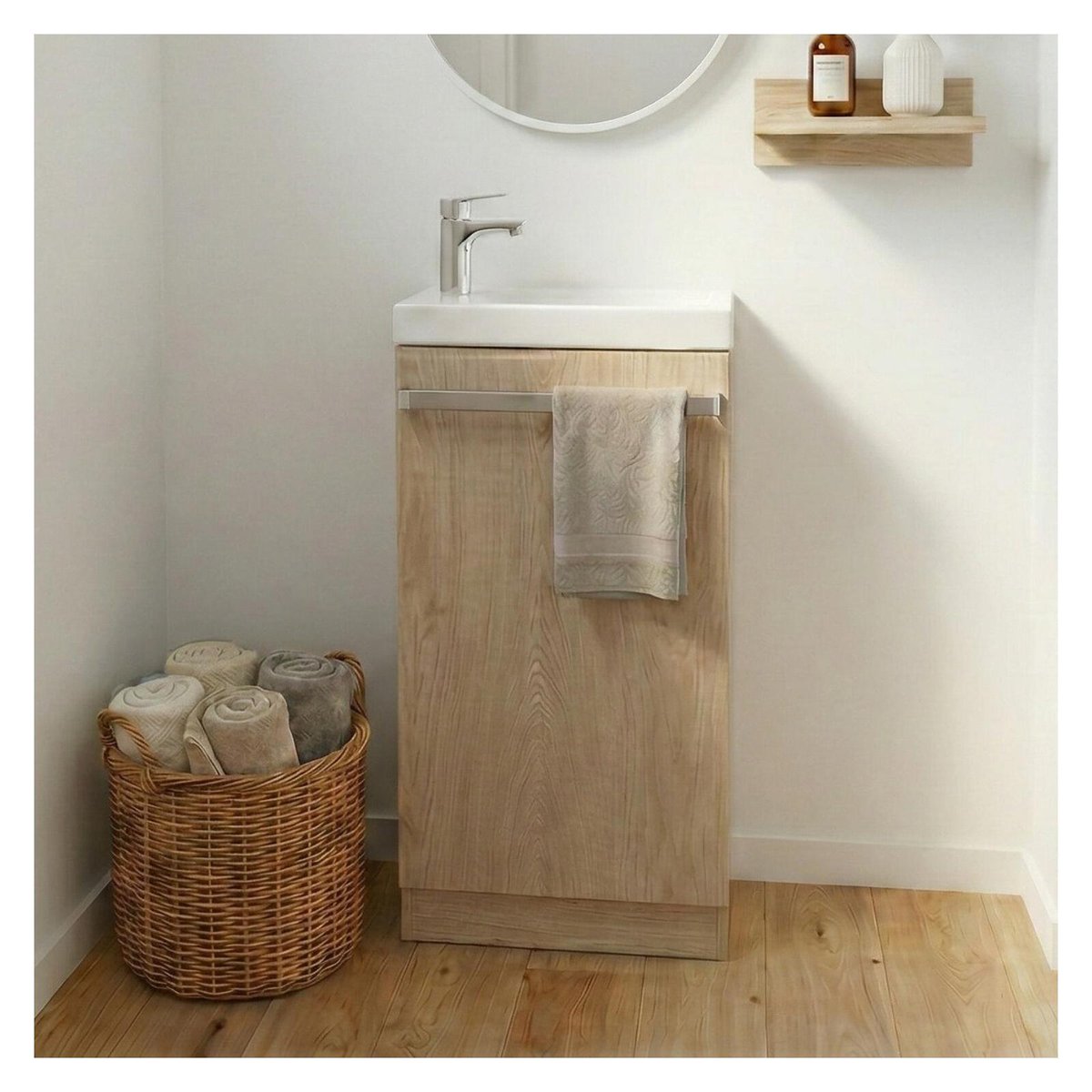 Ensemble lave-mains sur pieds avec robinet chromé JOHANN décor chêne, MOB IN