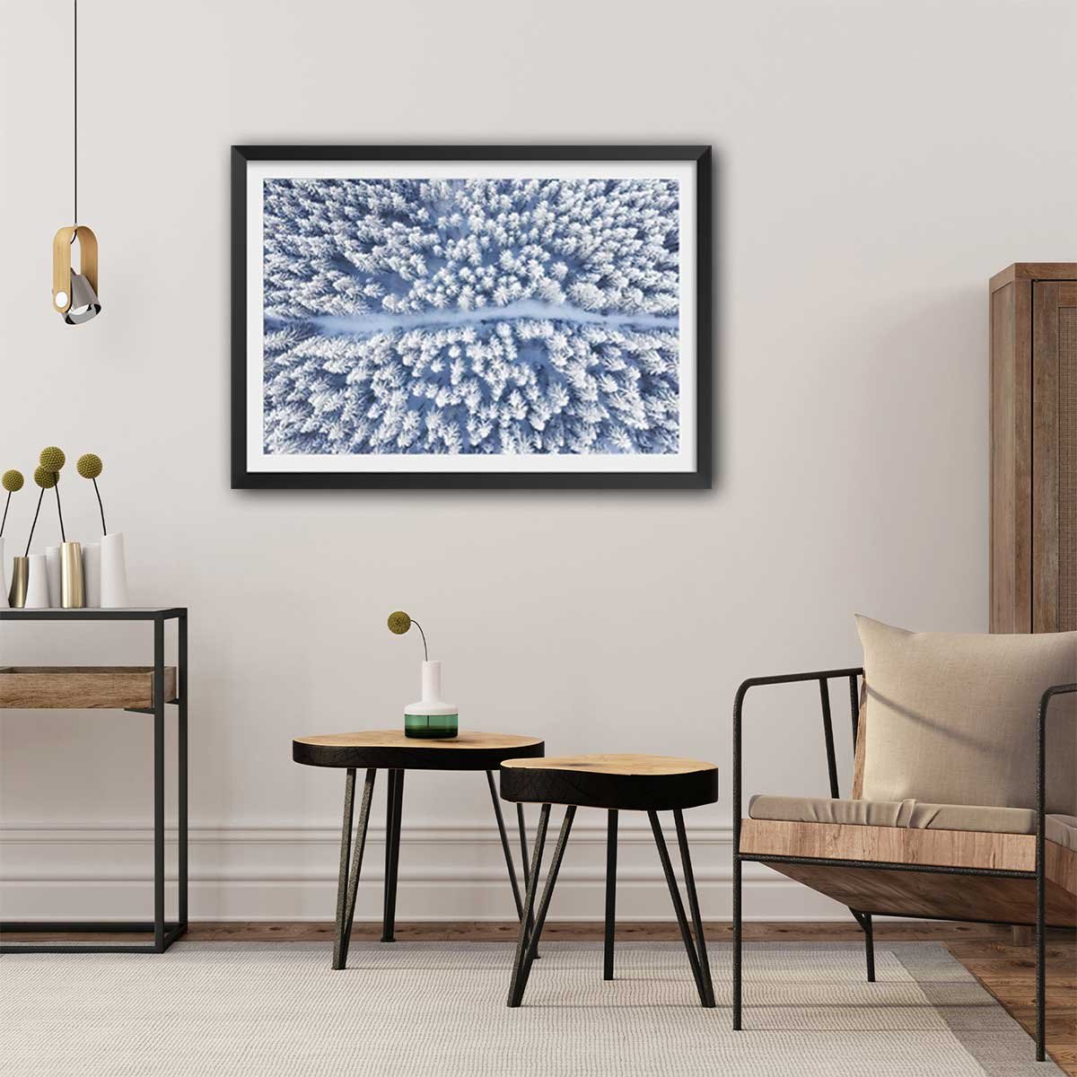 Affiche bleue de neige blanche affiche + cadre en bois - noir, HEXOA