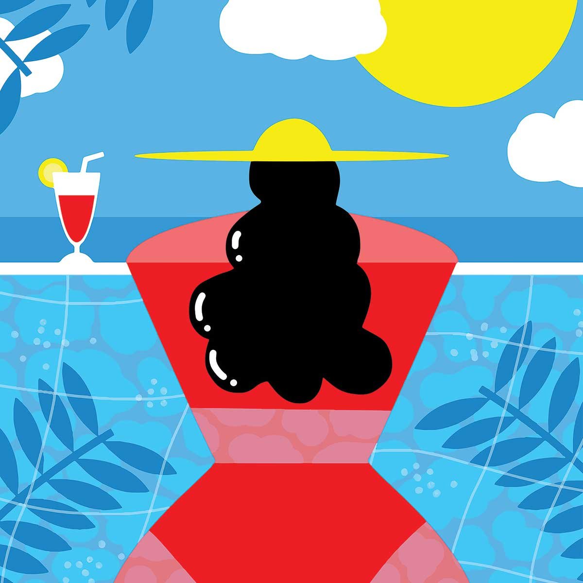 Affiche femme au bord de la piscine affiche + cadre en bois - noir, HEXOA