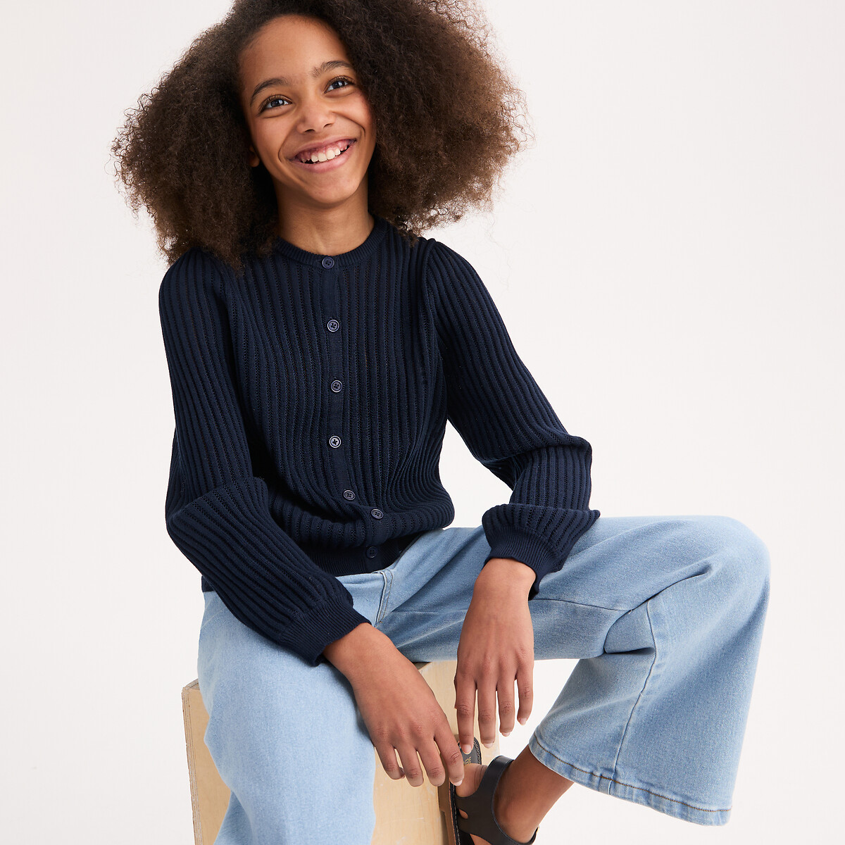 Fine Pointelle Knit Crew Neck Cardigan navy blue, LA REDOUTE COLLECTIONS