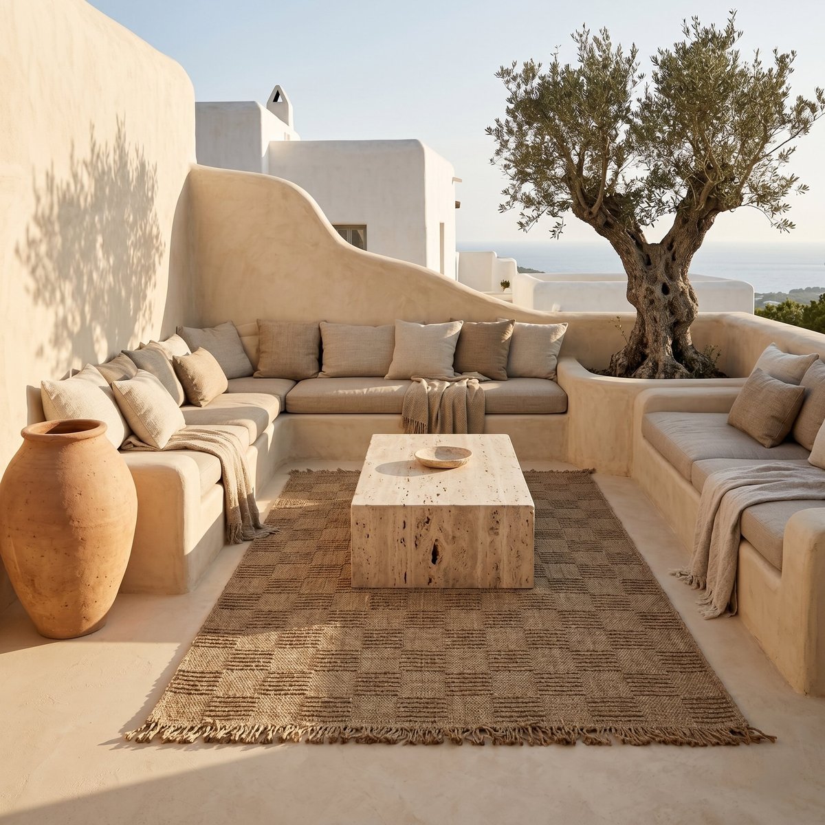 Tapis extérieur intérieur damier aspect jute JUTA DAMIER beige, THE DECO FACTORY