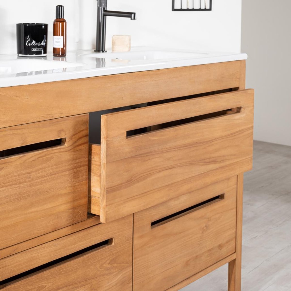Meuble salle de bain en teck massif et céramique 120 cm SIRA crème, WANDA COLLECTION