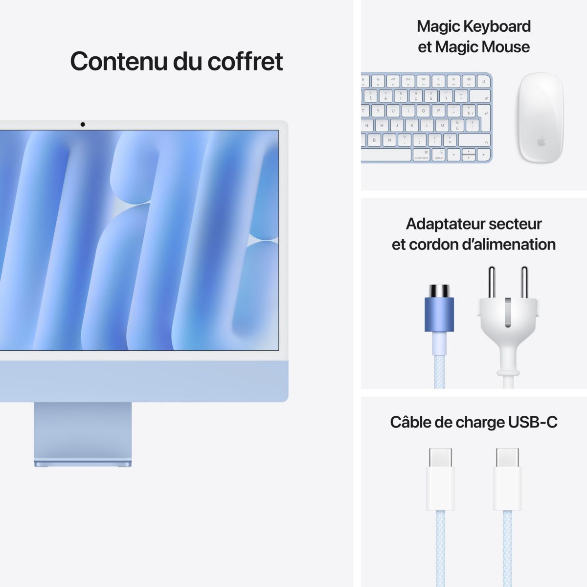 Ordinateur Apple 24" Ecran Retina 4,5K Puce M4 CPU 8 / GPU 8 coeurs Mémoire RAM 16Go Stockage 256Go SSD Bleu couleur unique, APPLE