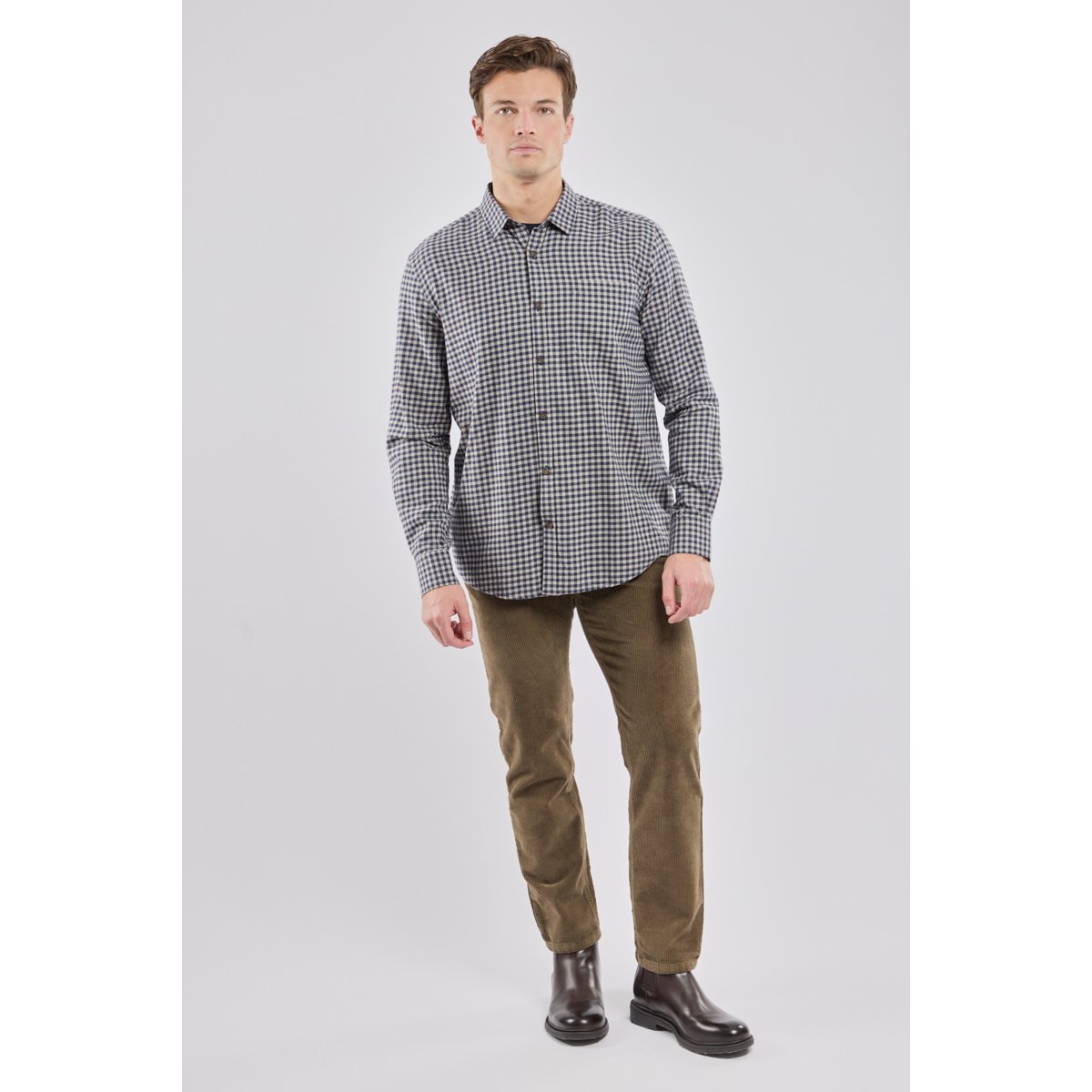 Chemise manches longues confort col souple vichy bleu jean, ARMOR-LUX