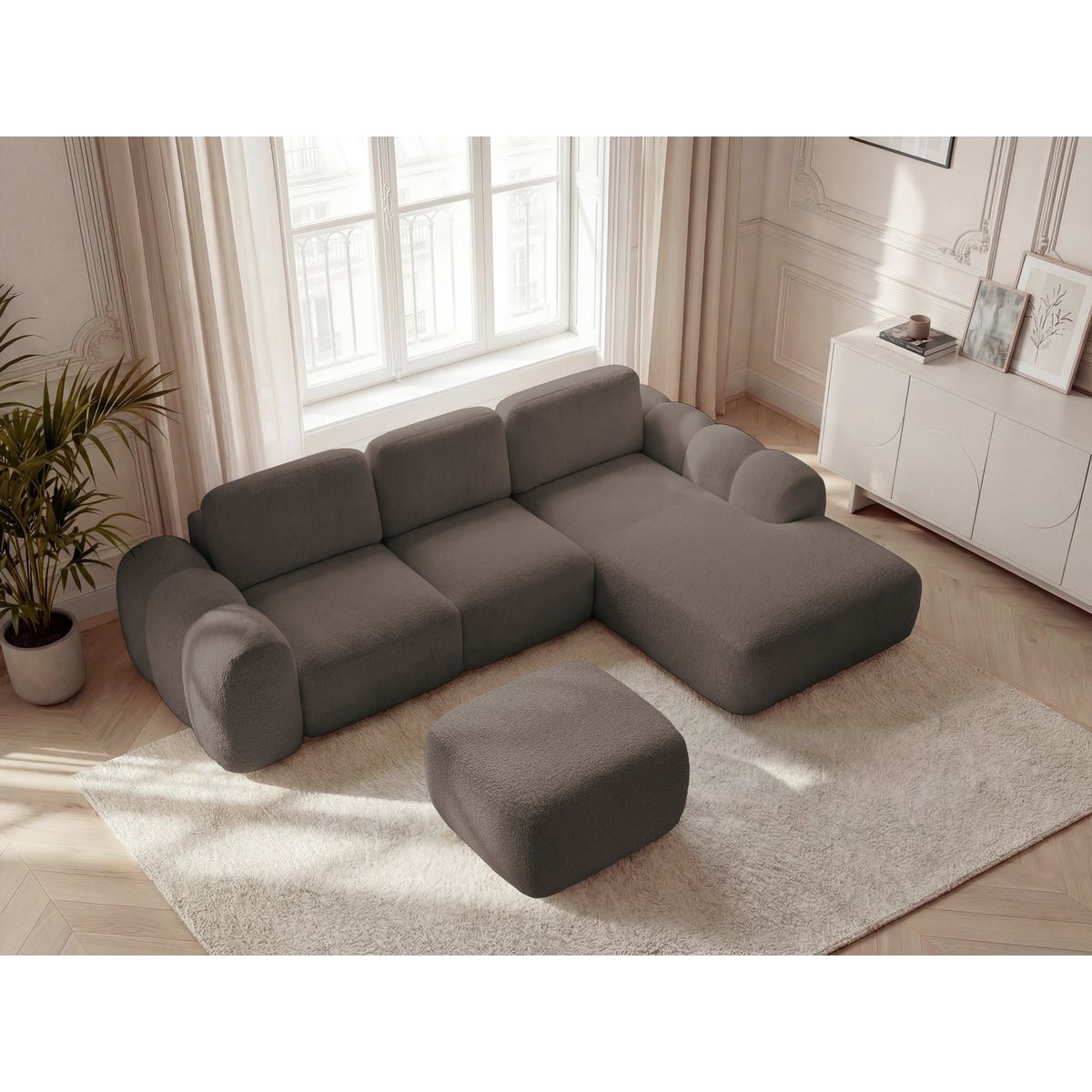 Canapé d'angle convertible 3 places en tissu bouclette avec pouf, MONTAIGNE marron, BOBOCHIC